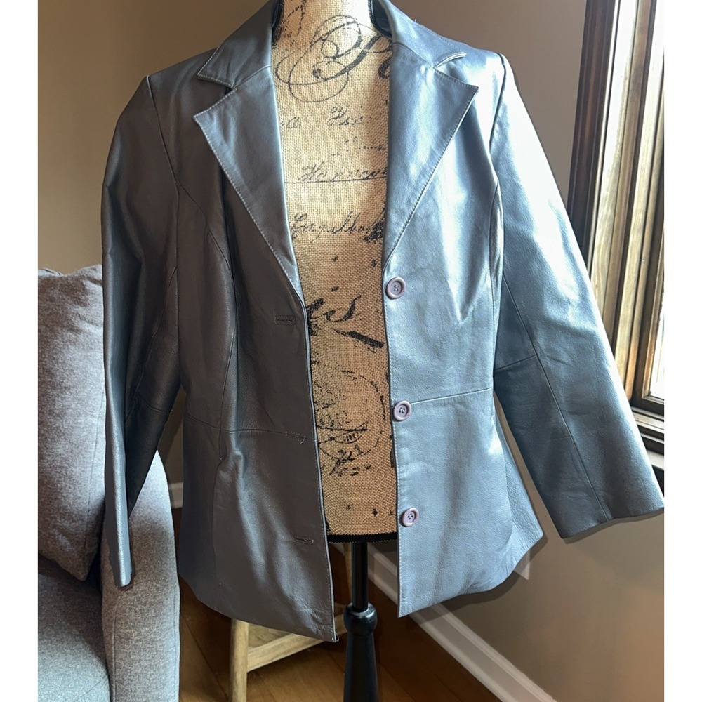Jessica London Gray Leather Size 14 Women's Jacket With Pockets Buttons Collared